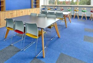 Heckmondwike Supacord Blue and Anthracite Carpet Tiles in School