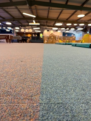 Supacord carpet tiles in Pebble and Kingfisher