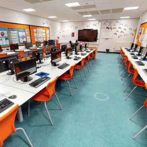 Light blue carpet installed in an ICT suite in a a secondary school
